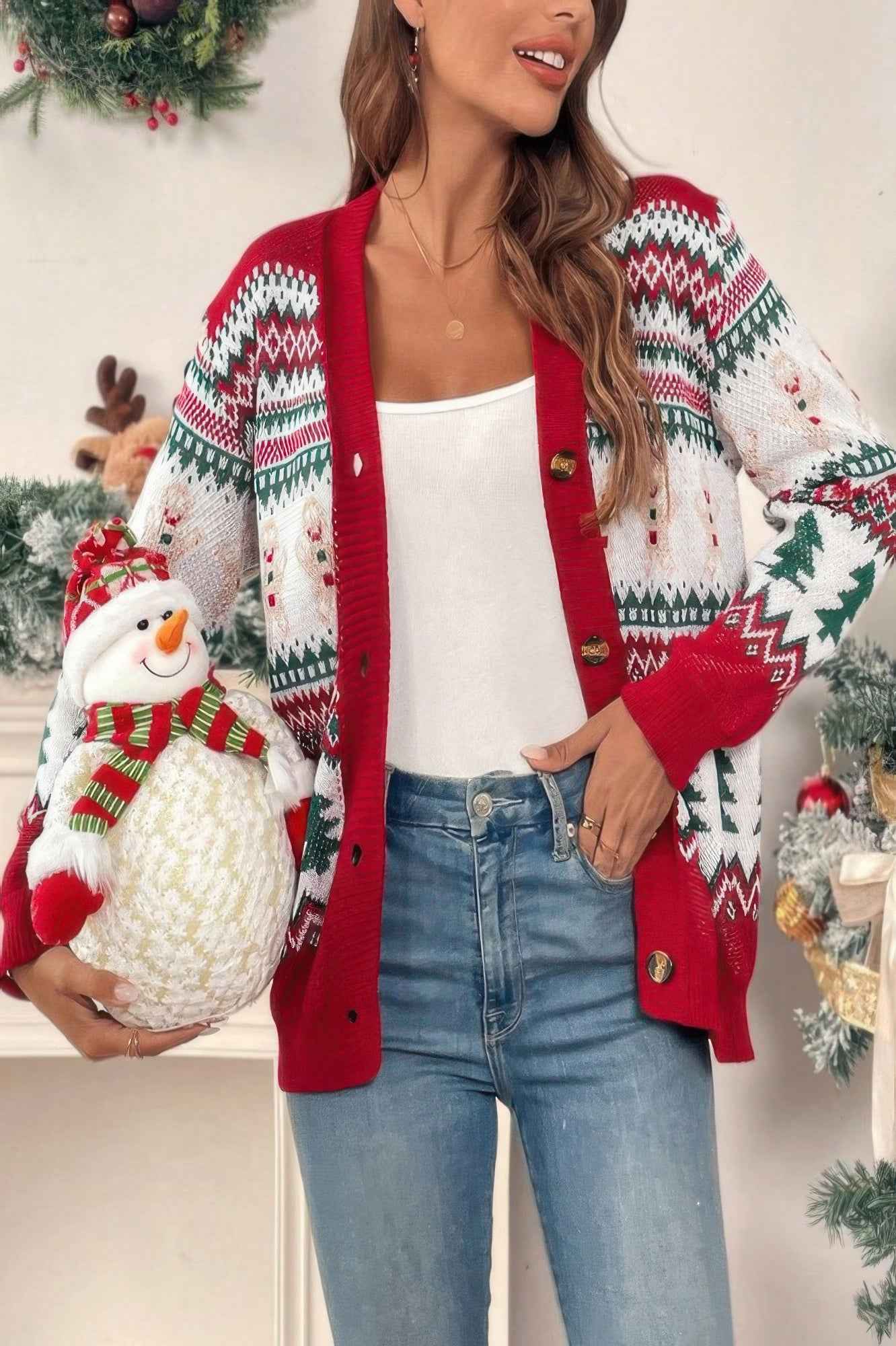 Christmas Print Knit Button Down Loose Cardigan