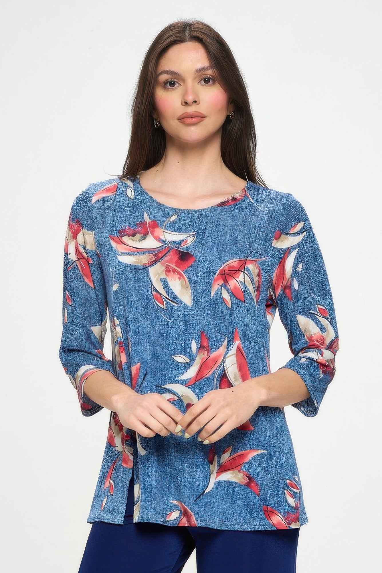 Hit Round Neck 3/4 Sleeve Slit Top