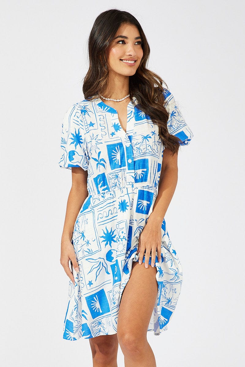 Blue Abstract Shirt Dress Short Sleeve Tiered