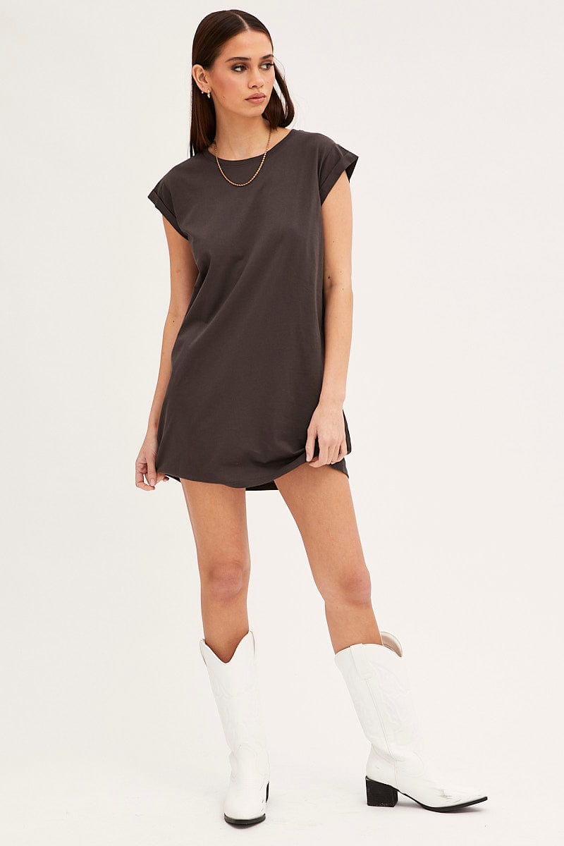 Grey T-Shirt Dress Crew Short Sleeve Graphic