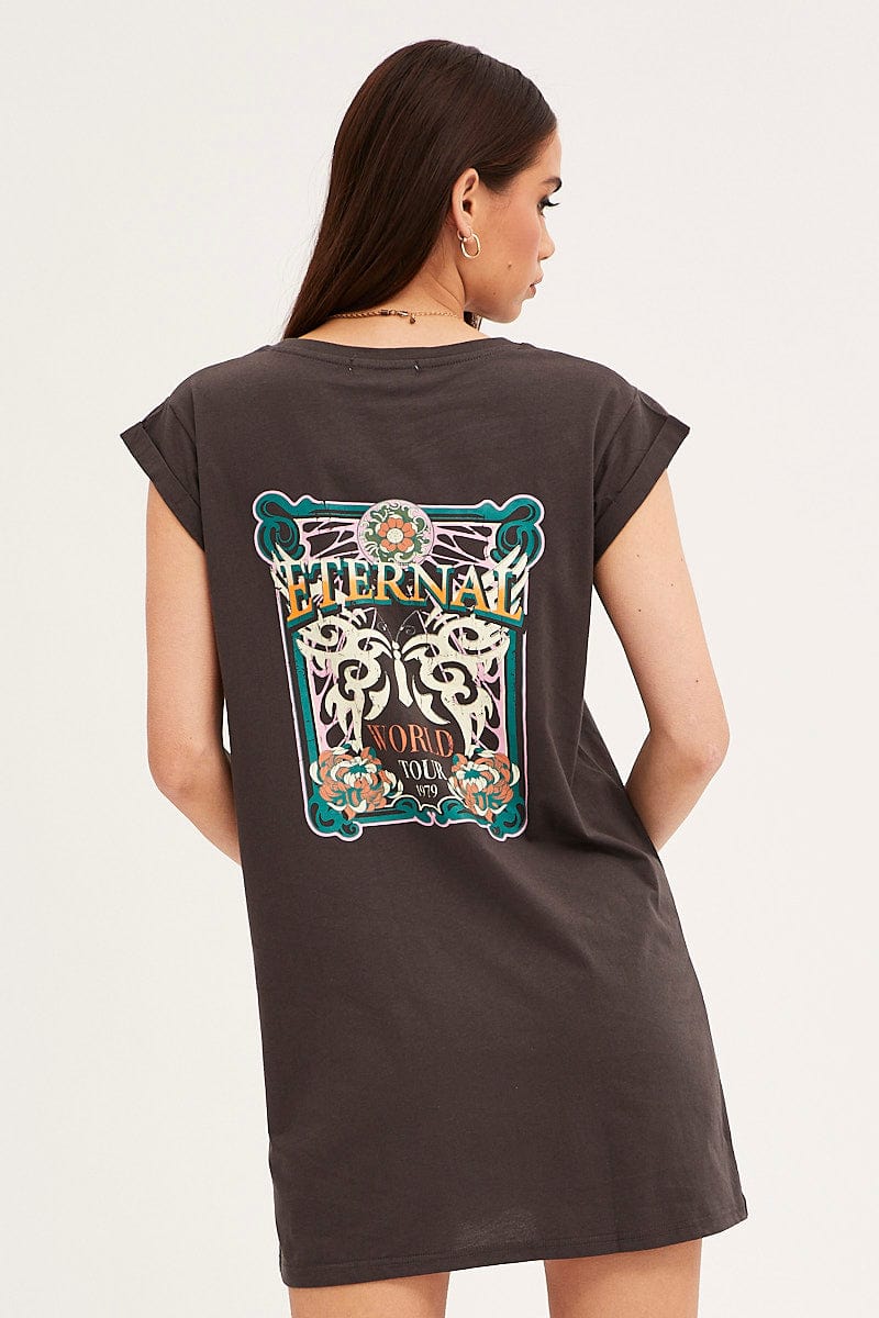 Grey T-Shirt Dress Crew Short Sleeve Graphic